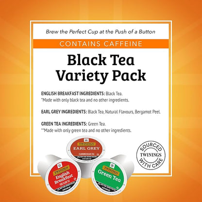 Twinings 36 K-Cup Pods Variety Pack, Includes English Breakfast, Earl Grey, and Green for Keurig and Single Cup Brewers, 12 Count (Pack of 3), Caffeinated, Enjoy Hot or Iced