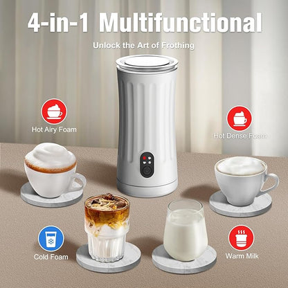 Electric Milk Frother, 4-in-1 Milk Steamer and Frother, 8.1oz/240ml Automatic Warm and Cold Foam Maker, Milk Warmer and Coffee Frother for Latte, Cappuccino, Macchiato(White), SS-001