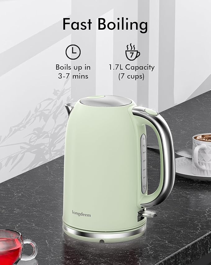 Electric Tea Kettle for Boiling Water, Wide Open Lid Stainless Steel Water Boiler, 1500W/1.7L for Coffee/Tea Brewing, Auto Shut Off & Boil Dry Protection, Cordless Swivel Base & LED Indicator, Green