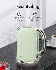Electric Tea Kettle for Boiling Water, Wide Open Lid Stainless Steel Water Boiler, 1500W/1.7L for Coffee/Tea Brewing, Auto Shut Off & Boil Dry Protection, Cordless Swivel Base & LED Indicator, Green