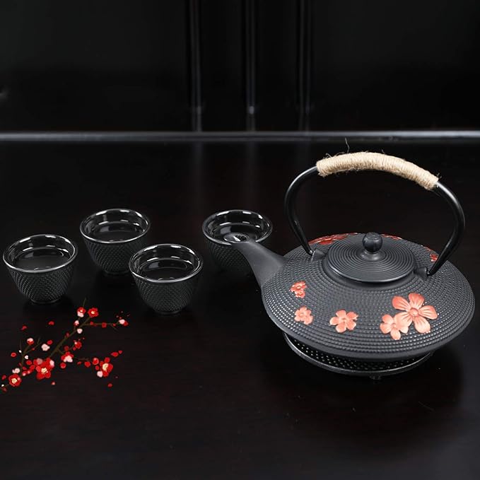 Japanese Style Cast Iron Teapot with 4 Tea Cups Trivet Tetsubin StovetopTea Kettle with Infuser Chinese Iron Tea Pot Tea Set for Adults Black (Pear Flower Pattern)