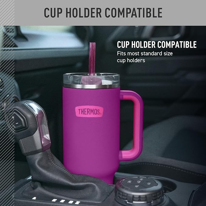 THERMOS Stainless Steel Cup Holder Mug - 40 Ounce, Plum - Insulated Tumbler with Lid and Straw, Plus Leak-Resistant Slide Lock