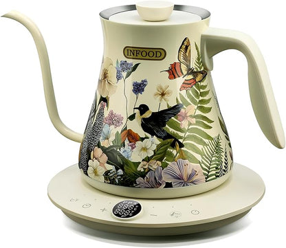 0.8L Gooseneck Electric Kettle, Precise Temperature Control for Pour Over Coffee & Tea, 1200W Fast Boiling Water, Auto Shut Off, Scheduling, Stainless Steel, Floral Painted Design