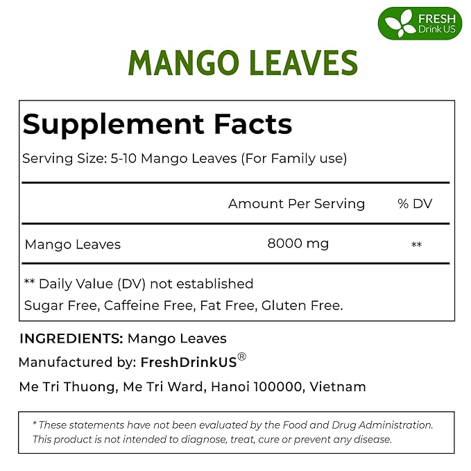 FreshDrinkUS, Premium 140+ Mango Whole Leaves Dried, 100% Natural & Pure from Dried Mango Leaves Tea, No Additives, No Caffeine, Vegan