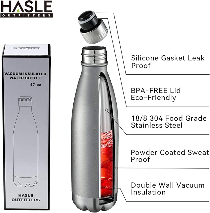 HASLE OUTFITTERS 17oz Stainless Steel Water Bottles Bulk, Vacuum Insulated Water Bottles Double Walled Reusable Metal Sports Water Bottles Keep Drinks Hot and Cold, Gray, 4Packs