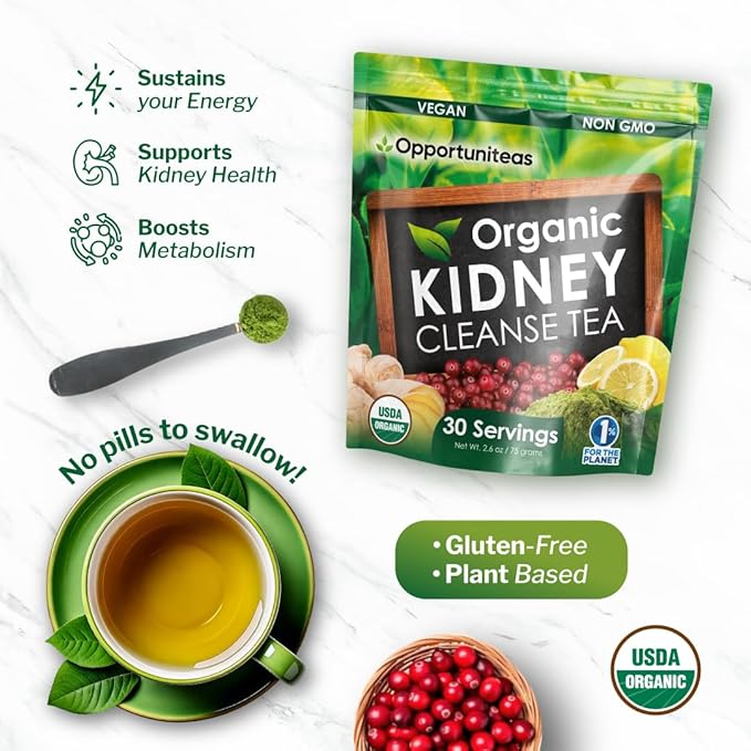 Opportuniteas Organic Kidney Cleanse Detox & Repair Tea - Matcha Green Tea, Cranberry, Lemon & Ginger. 4 Cleansing Superfoods for Drinks. Vegan & Non-GMO - 30 Servings