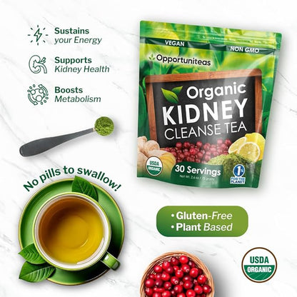 Opportuniteas Organic Kidney Cleanse Detox & Repair Tea - Matcha Green Tea, Cranberry, Lemon & Ginger. 4 Cleansing Superfoods For Drinks. Vegan & Non-GMO - 60 Servings