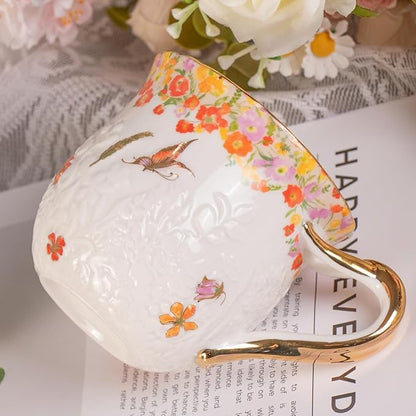 KAMMAK Coffee Mugs Ceramic Espresso Cups 16oz Porcelain Tea Cups Set of 2 Large Cappuccino Mugs with Handle Demitasse Mug for Hot Cocoa, Latte, Breakfast Cereal, Americano (Flower)