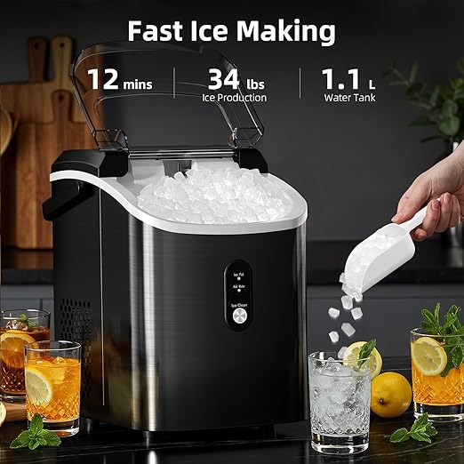 Antarctic Star Nugget Ice Maker Countertop with Soft Chewable Ice, Portable Sonic Ice Maker with Basket and Scoop, Removable Top Cover, Auto-Cleaning for Home/Party/RV/Camping (Stainless Steel Black)