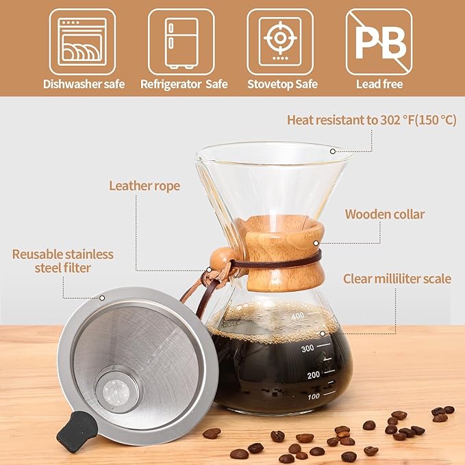 Pour Over Coffee Maker 14 OZ, 4 Cup Borosilicate Glass Drip Coffee Maker with Reusable Stainless Steel Filter and Cork Grip for Home Café 400 ML