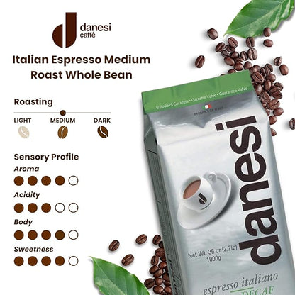 Danesi Caffe Italian Whole Coffee Beans - Espresso Coffee Beans and Medium Roast Whole Bean - Perfect for Espresso Machines, French Press, and Home Brewing - Decaf (2.2 lb)
