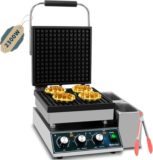 Hehinton® Commercial Waffle Maker, 110V 2300W Belgian Waffle Maker with Oil Grooves and Drip Tray, Heavy Duty Stainless Steel Body, Nonstick Waffle Iron Perfect for Home Kitchen Restaurant