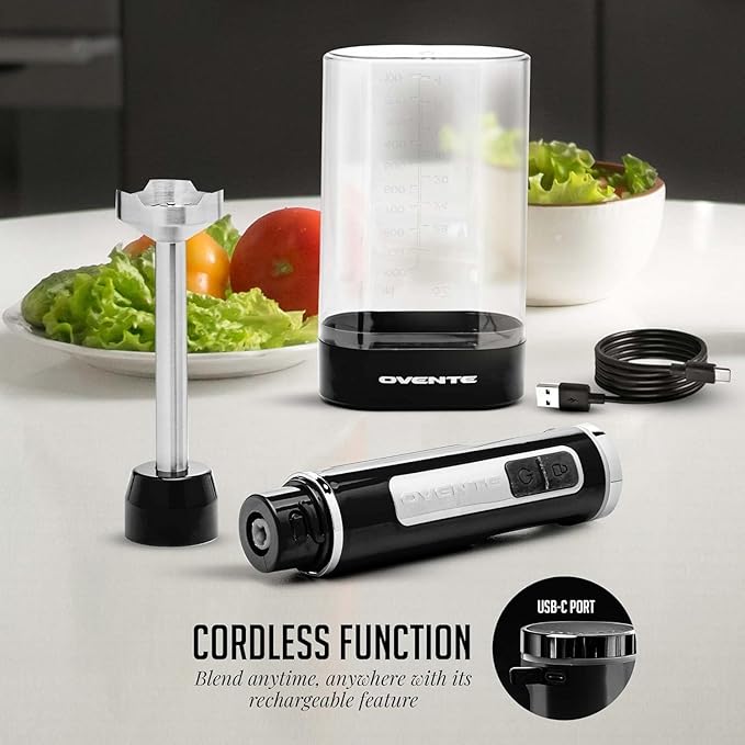 OVENTE Cordless Immersion Hand Blender, Rechargeable Handheld Portable Stick Mixer with 8 Mixing Speed Option, One-Touch Control and Stainless Steel Blades for Smoothies, Shakes or Soups, Black HR781B