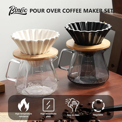 Bincoo 400ML Pour Over Coffee Maker Set with Filter Paper,Ceramic Coffee Dripper with Wood Stand Set for 1-2 Cups-Professional Brewing Tools for Pour Over & Drip for Home Office (Black)