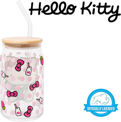 Silver Buffalo Sanrio Hello Kitty Strawberry Milk Bow Pink Polka Dot Glass Jar Tumbler with Bamboo Lid and Glass Straw, 16 Ounces