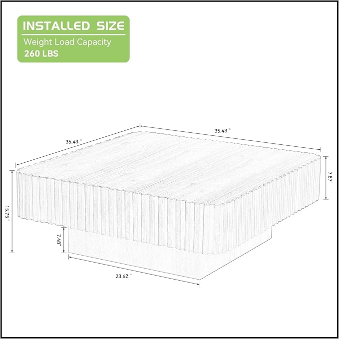 KEVINSPACE Square Wood Coffee Table, Fluted CoffeeTable Handcraft Drum TeaTable CenterTable for Living Room, Modern Wooden CocktailTable for Small Space, Easy Assembly 35.43" 15.75" H Black