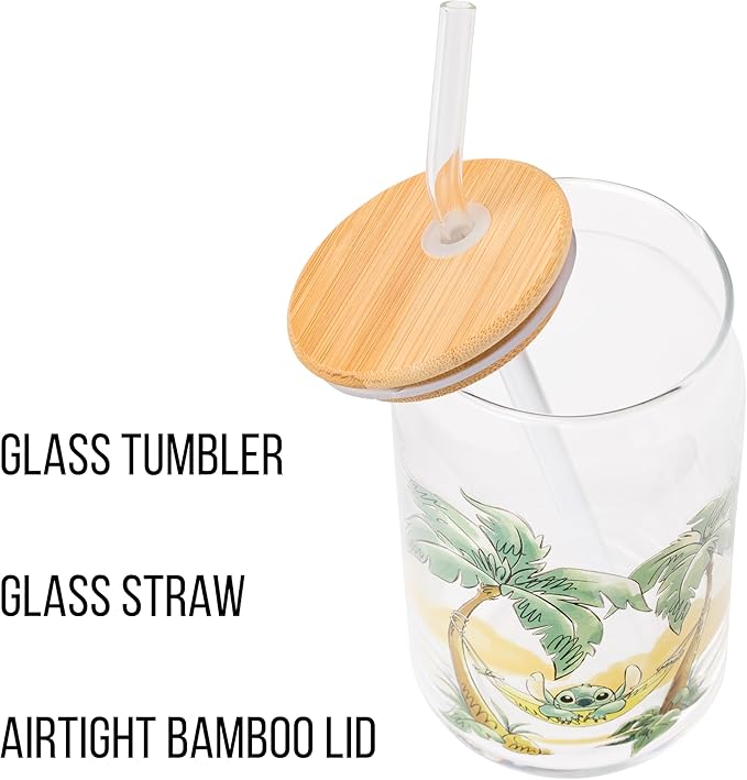 Silver Buffalo Disney Lilo and Stitch Relaxing Chilling in Hammock Island Glass Jar Tumbler with Bamboo Lid and Glass Straw, 16 Ounces