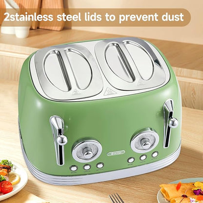 4 Slice Toaster, Retro Green Toaster, Bagel, With Stainless Steel Lid. Reheat, Defrost and Cancel Functions, Countdown Function, 6 Browning Levels, Stainless Steel Material, TR03