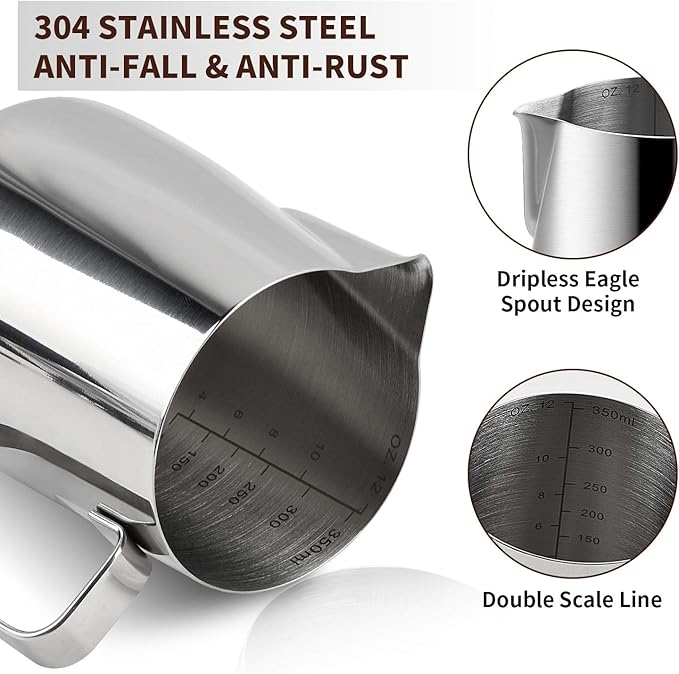 Espresso Milk Frothing Pitcher, Stainless Steel 300Z/900ML Coffee Milk Frother Cup with Decorating Art Pen for Espresso Machine, Latte Art