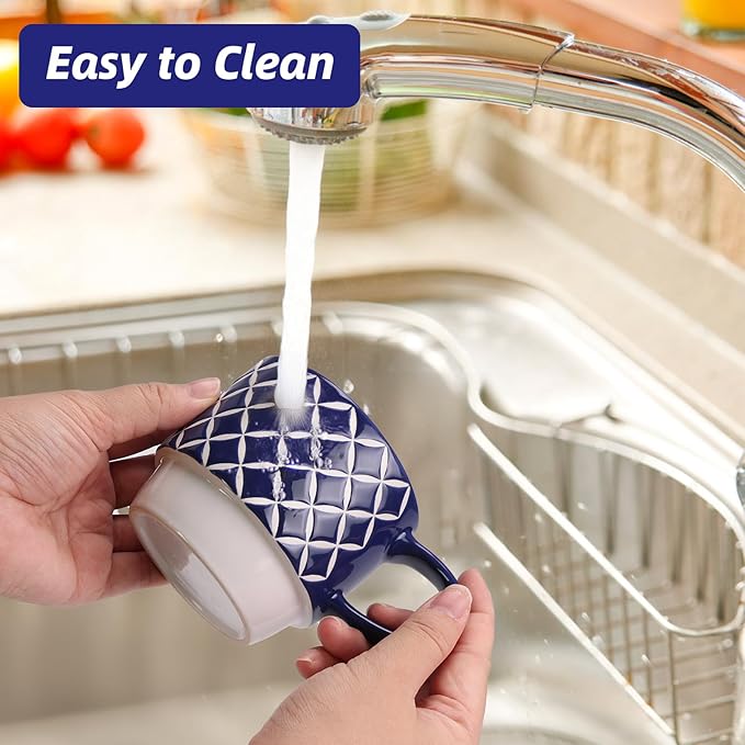 Schliersee 12 OZ Stackable Ceramic Coffee Mugs set of 6, Geometric Floral Pattern Small Mug, Blue White Porcelain Coffee Mug, Stacking Coffee Mugs, Tea Mug, Water Cup, Dishwasher Safe, Microwave Safe