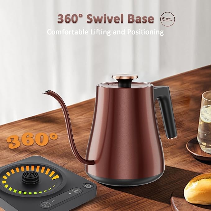 Smart Gooseneck Electric Kettle 1.0L with Temp Control and Keep Warm, 1000W Rapid Boil In 4 Min, Stainless Steel Kettle for Coffee/Tea, LED Display, Touch Control, Vintage Copper Color, BPA-Free