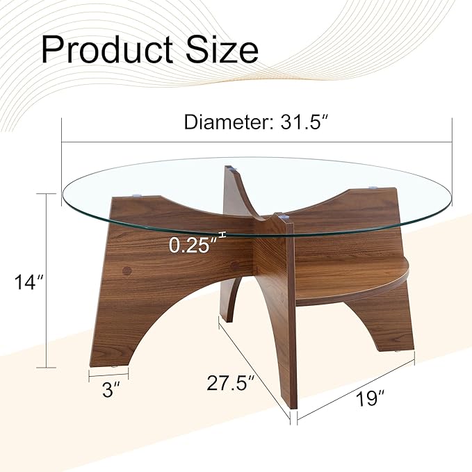 31.5" Round Glass Coffee Table with Tempered Glass Top and MDF Base, Diagonal Fan-Shaped Tray Design Table Leg Simple & Modern Center Table for Living Room Office Apartment Walnut