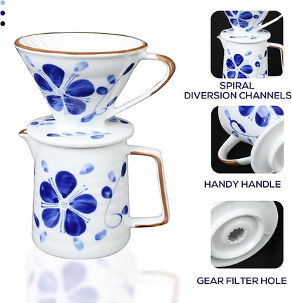Ceramic Pour Over Coffee Dripper Set, Porcelain Pourover Coffee Dripper for 1–4 Cups, V60 (White & Blue)