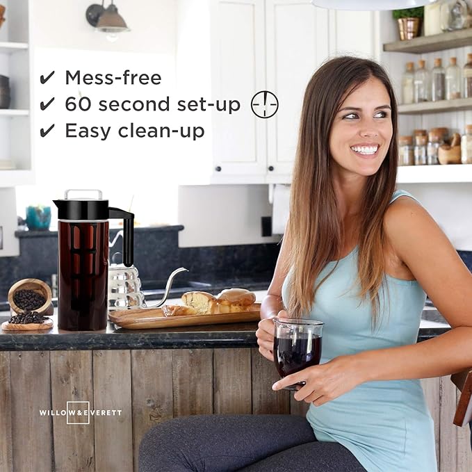 Willow & Everett Cold Brew Coffee & Iced-Tea Maker Pitcher, 1.3 L Glass Dispenser Metal & Plastic Lid Mesh Filter Iced Coffee & Sun Tea Brewing System