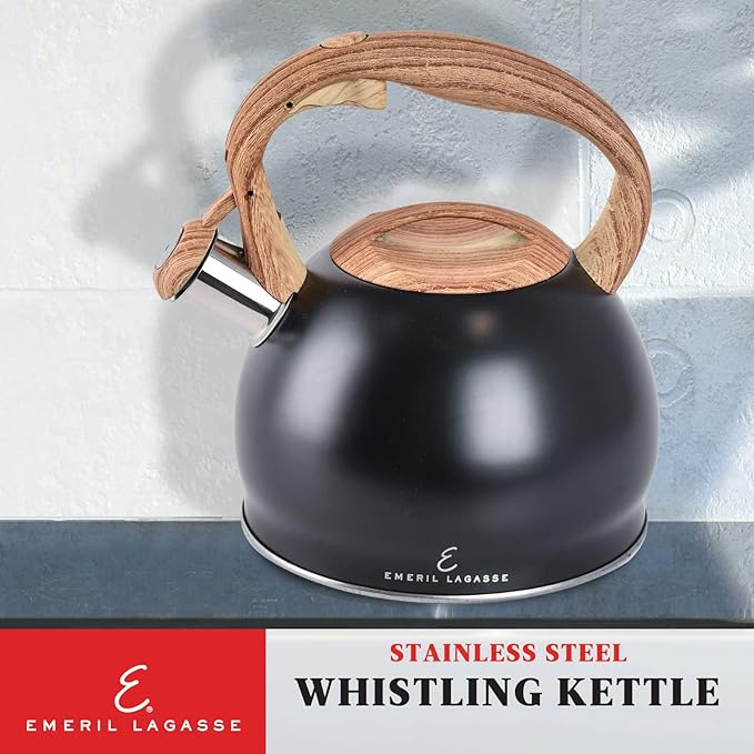 Emeril Lagasse 3.2 Quart/3 Liter Whistling Tea Kettle, Stainless Steel Whistling Tea Pot for Induction Stove Top, Fast to Boil Water for Home Kitchen Condo, with Wood Handle, Black