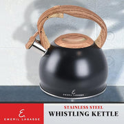 Emeril Lagasse 3.2 Quart/3 Liter Whistling Tea Kettle, Stainless Steel Whistling Tea Pot for Induction Stove Top, Fast to Boil Water for Home Kitchen Condo, with Wood Handle, Black