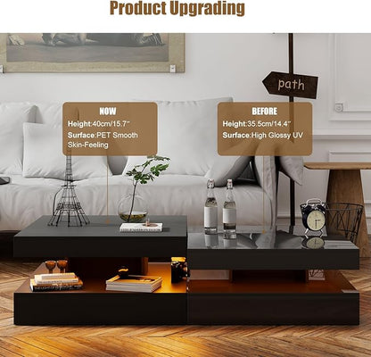 Black LED Coffee Table for Living Room, Living Room Table 2-Tier Square Middle Center Table, Modern Coffee Tables with Storage, Wood Tea Tables for Dining Reception, Skin Feeling