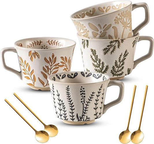 Ceramic Mugs 11 oz Unique Luxurious Cups Set of 4 with Premium Spoon, Mug for Coffee Milk Latte Cappuccino Tea, for Office Home Dishwasher Birthday Gift Microwave Freezer Safe Stoneware Mixed