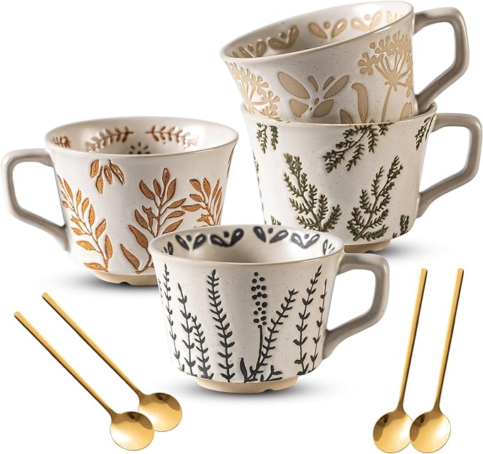 Ceramic Mugs 11 oz Unique Luxurious Cups Set of 4 with Premium Spoon, Mug for Coffee Milk Latte Cappuccino Tea, for Office Home Dishwasher Birthday Gift Microwave Freezer Safe Stoneware Mixed