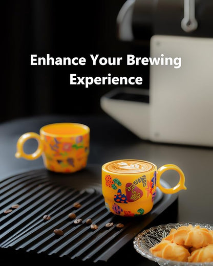 Ceramic Mini Espresso Cups Set of 2 – 3 oz Double Espresso Coffee Cups with Q Handle, Yellolw Floral and fruit Pattern, Small Espresso Shot Cups for Home Coffee Bar,Lungo