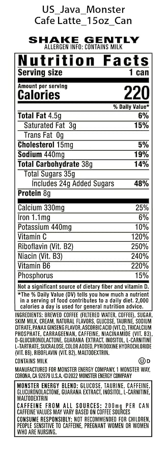 Monster Energy Java Café Latte, Coffee + Energy Drink, 15 Ounce (Pack of 12)