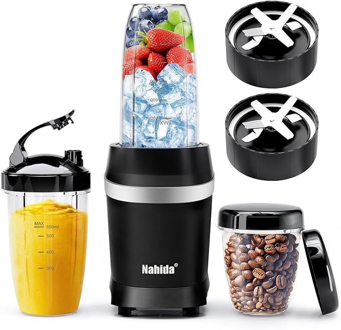 Nahida Blender for Smoothies, 1200W Smoothie Blender for Ices Crushing, Blenders with (2) 6-Fin Blades, Personal Blenders for Kitchen with 23oz, 32oz, 37oz Easy Go Cups for Juices, Black