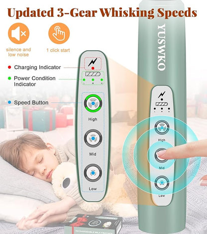 YUSWKO Milk Frother Handheld for Coffee, Rechargeable Drink Mixer with 3 Heads 3 Speeds Electric Coffee Frother Whisk, Gift for Many Occasions and Festival