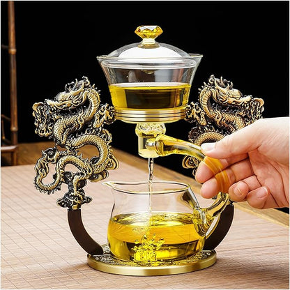 Semi Automatic Drip TeaPot, Lazy Kung Fu Glass Magnetic Tea Set, Pure Copper Heat Resistant Glass Magic Teapot Set, Suitable for home/office Reception Tea Set, Perfect for Holiday Gifts