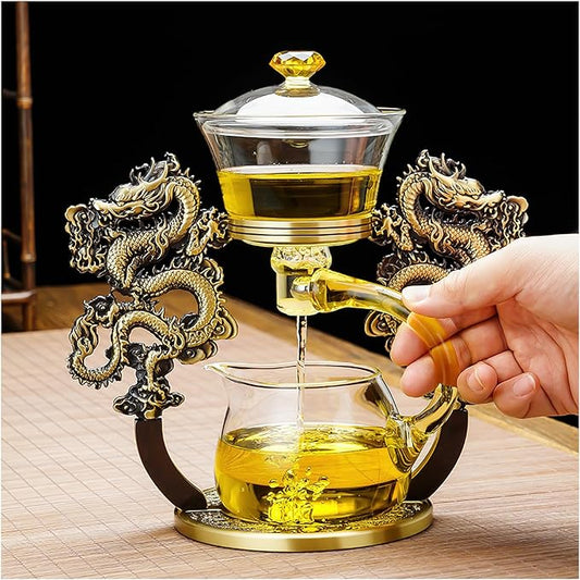Semi Automatic Drip TeaPot, Lazy Kung Fu Glass Magnetic Tea Set, Pure Copper Heat Resistant Glass Magic Teapot Set, Suitable for home/office Reception Tea Set, Perfect for Holiday Gifts