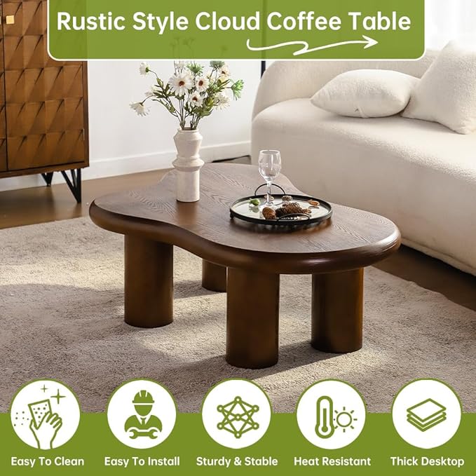 Brown Cloud Coffee Table Modern Irregular Coffee Table Unique Asymmetrical Coffee Tables with 4 Legs for Living Room Farmhouse (G, 46")