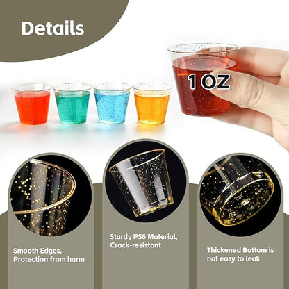 500Counts 1OZ. Disposable Shot Glasses Hard Plastic Shot Cups Gold Glitter Mini Shot Glasses for Tequila, Jello Shots, Liquor, 1Ounce Small Cup for Sauce, Dips, Shot Cups for Party