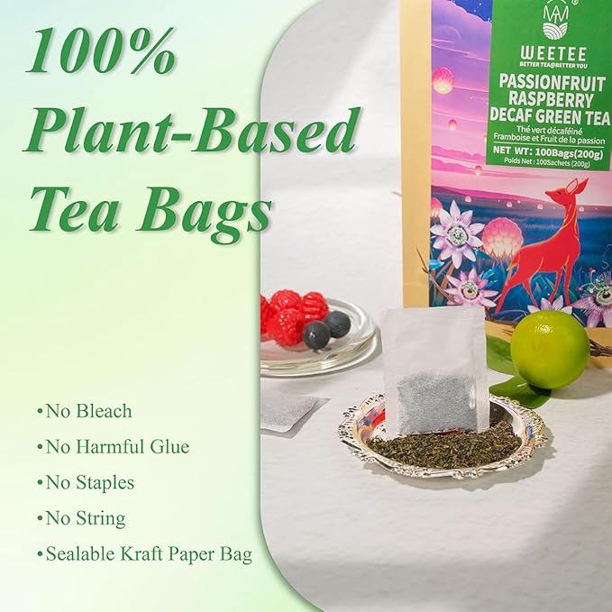 WT WEETEE Decaf Passionfruit Raspberry Green Tea, 100 Count Passion Fruit Raspberry Flavored Decaffeinated Green Tea Bags, CO2 Decaffeination