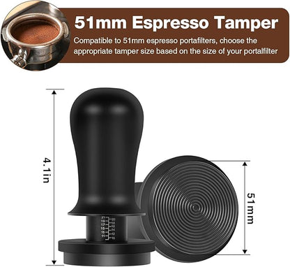 PUSEE 51mm Espresso Coffee Tamper with Double Spring Calibrated, Handle Tamper 30lbs Pressure with Titanium Coating Stainless Steel Ripple for Barista Espresso Machine Accessories 51mm Tamper, Black