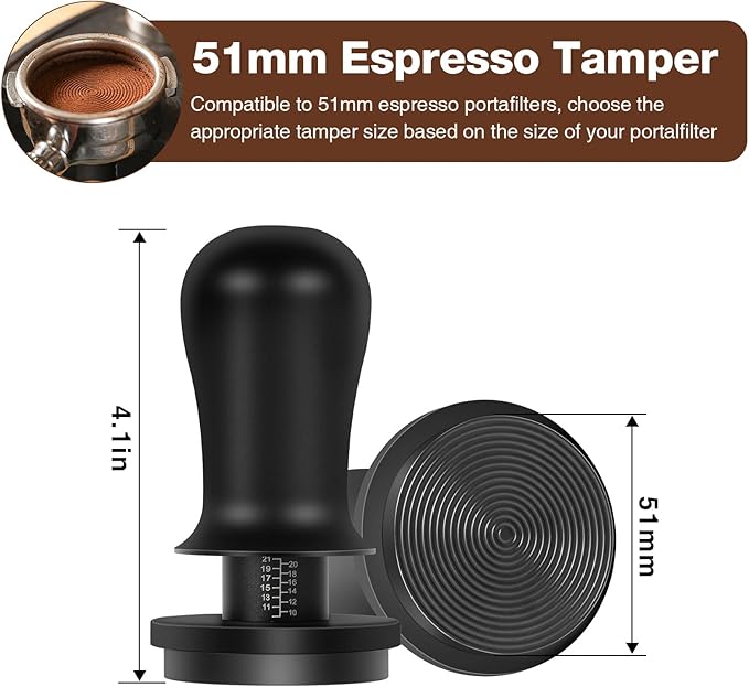 PUSEE 51mm Espresso Coffee Tamper with Double Spring Calibrated, Handle Tamper 30lbs Pressure with Titanium Coating Stainless Steel Ripple for Barista Espresso Machine Accessories 51mm Tamper, Black