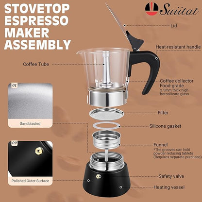 Induction Moka Pot, 9 Cups (15.9 oz) Crystal Glass-Top & Stainless Steel Moka Pot, Classic Stovetop Espresso Maker, Black