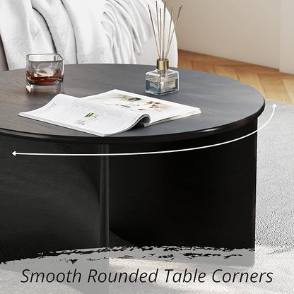 31.5'' Round Coffee Table, Black Circle Coffee Table with Curved Base, Solid Wood, Ideal for Living Room, Apartment, Compact Place