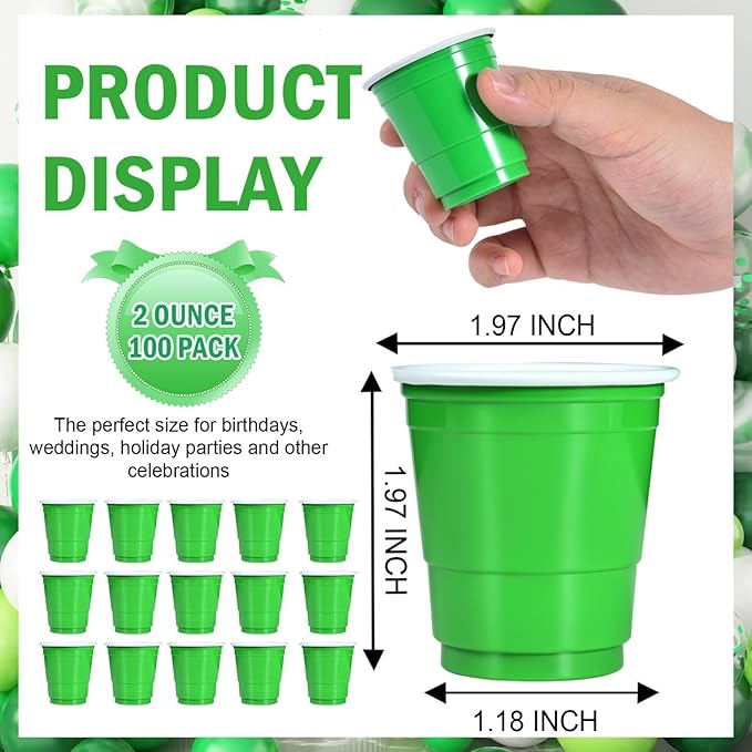 100 Pack 2 oz Plastic Shot Glasses Disposable Shot Cups, Mini 2oz Party Cups for Christmas, St Patrick's Day, Birthday, Wedding, Bachelorette Party (Green)