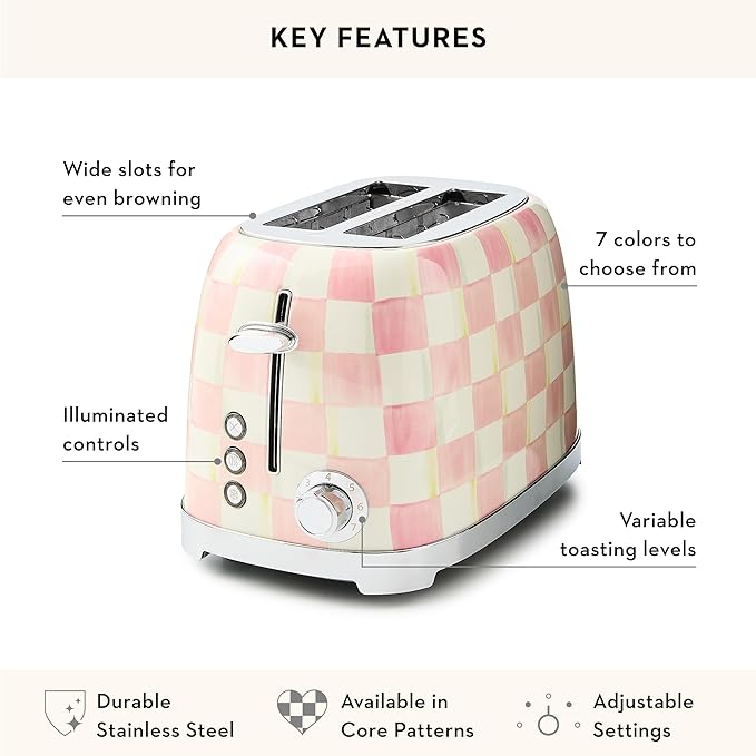 MACKENZIE-CHILDS 2-Slice Toaster, Decorative Toaster for Kitchen, Pink-and-White Rosy Check