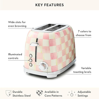 MACKENZIE-CHILDS 2-Slice Toaster, Decorative Toaster for Kitchen, Pink-and-White Rosy Check