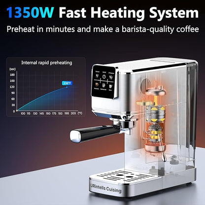 Espresso Machine 20 Bar,Touch Screen Espresso Maker with Steam Milk Frother,Stainless Steel Coffee Machine for Cappuccino Latte Americano Cold Brew,1350W Fast Heat Up System,Silver